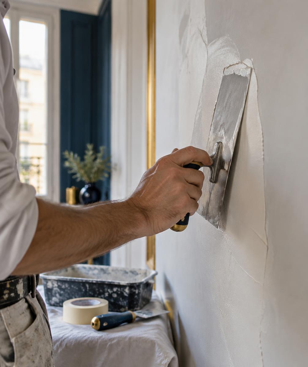 Préparation minutieuse d’un mur avant peinture